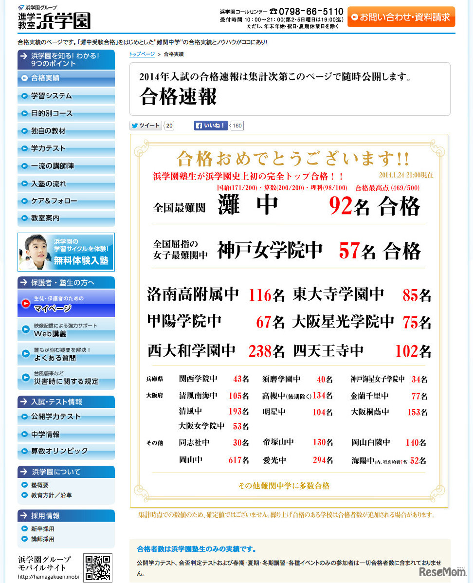 浜学園2014年合格速報（1月24日時点）