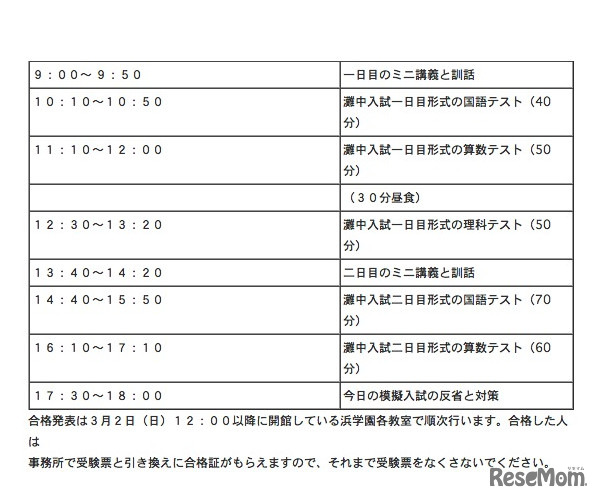 「灘中オープン模擬入試」、当日の予定