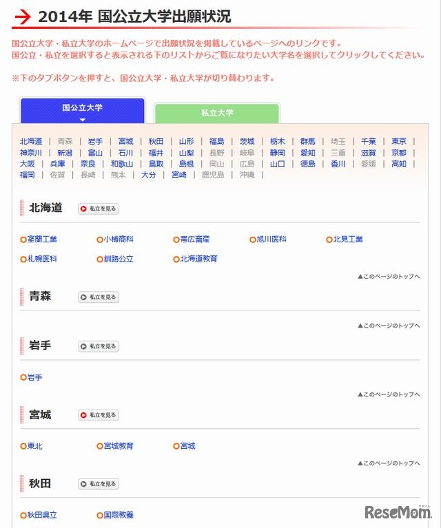 大学入試出願状況リンク（国公立）