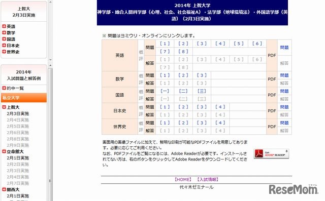 上智大学の解答速報（代々木ゼミナール）