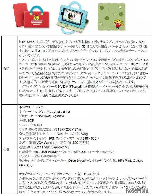 HP Slate7 しまじろうモデルの特徴・仕様
