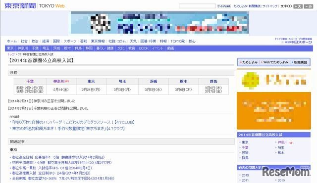 東京新聞の特設Webサイト「2014年首都圏公立高校入試」