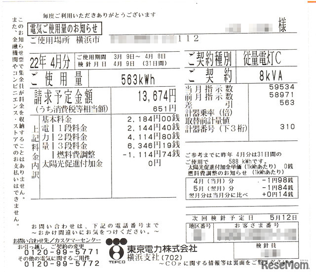 昨年4月分の電気使用量