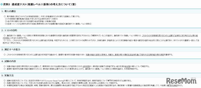 達成度テスト発展レベル（仮称）の考え方について（案）