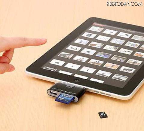 iPad/iPad 2用の4in1カードリーダー、サンワダイレクト、サンワサプライ iPad/iPad 2との接続イメージ（iPad/iPad 2/SDカードは別売）