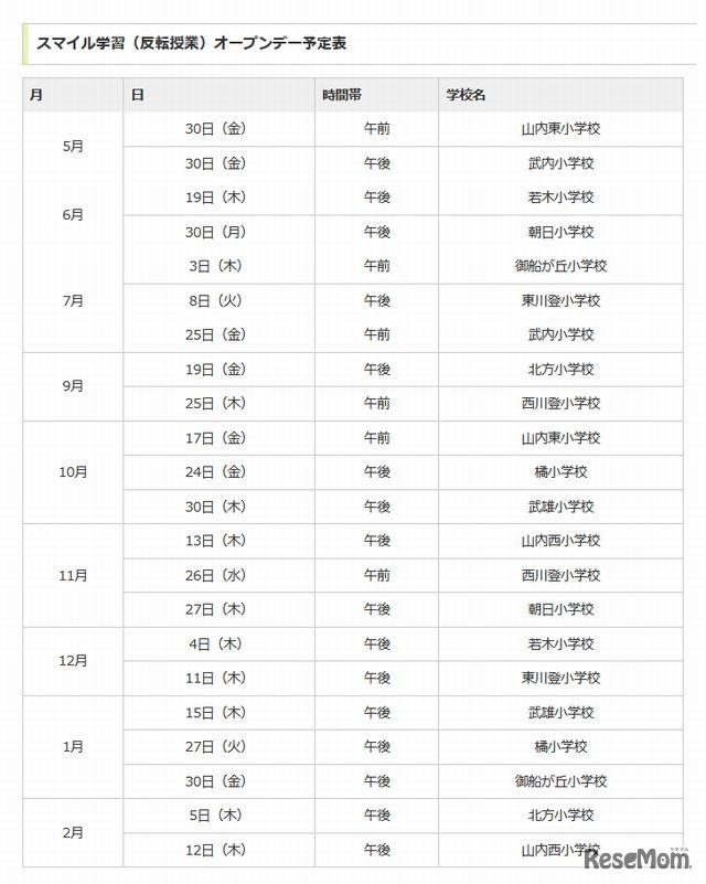 スマイル学習（反転授業）オープンデー予定表