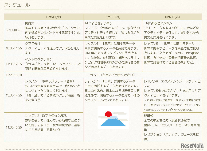 中学1年生向けサマープログラム（スケジュール）