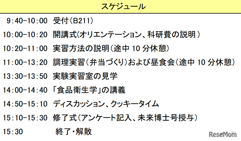 食品衛生から学ぶお弁当づくり（スケジュール）