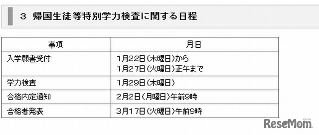 帰国生徒等特別学力検査に関する日程