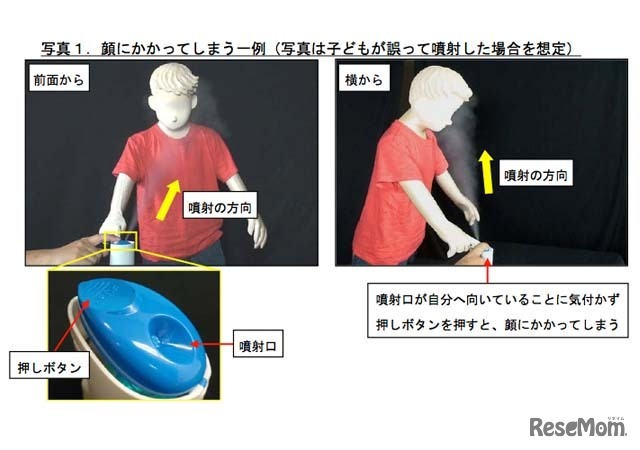顔にかかってしまう一例（写真は子どもが誤って噴射した場合を想定）