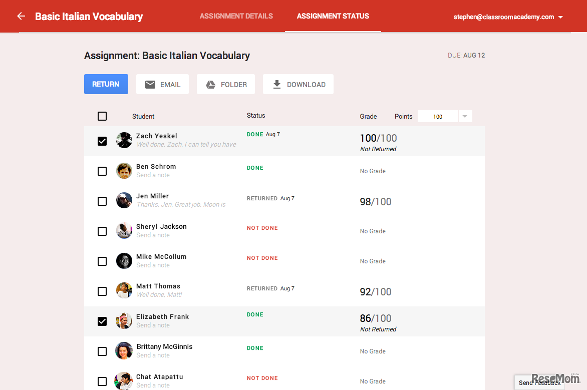 Google Classroom、生徒一覧画面