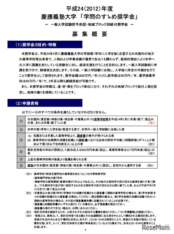 平成24年度 慶應義塾大学「学問のすゝめ奨学金」