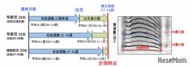 早産児・満期産児の泣き声の計測時期（左）と泣き声の音響スペクトログラム（右）