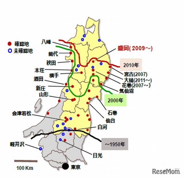 東北地方におけるヒトスジシマカの分布域