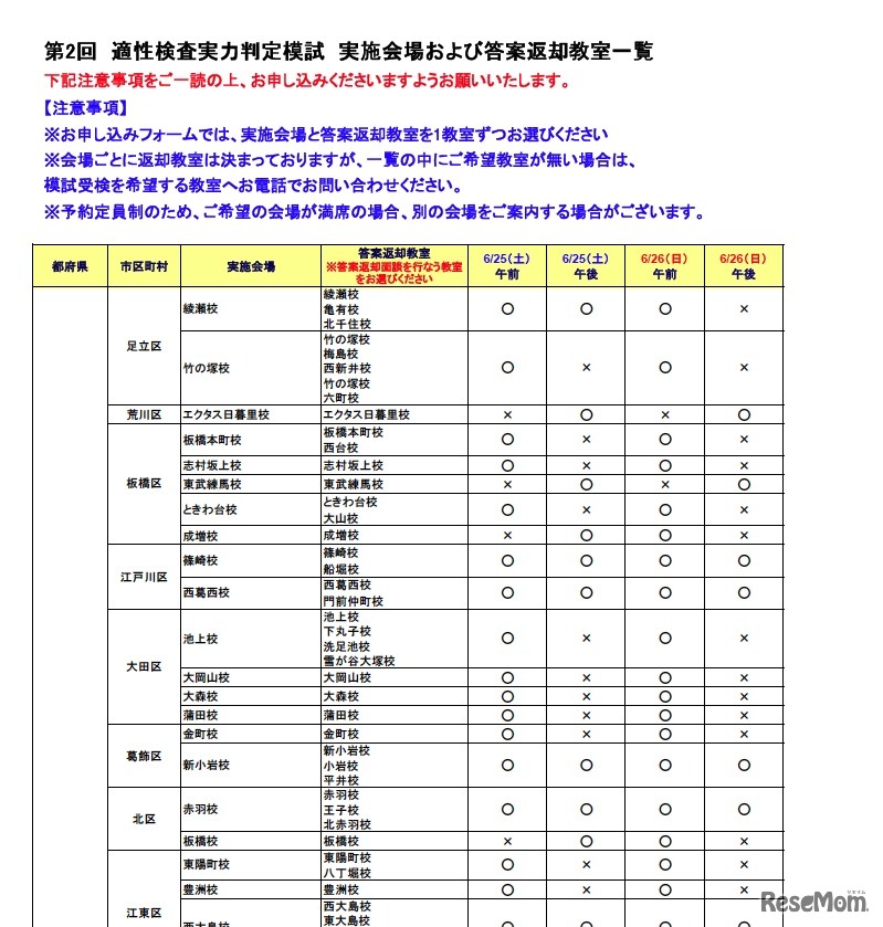 第2回適性検査実力判定模試実施会場および答案返却教室一覧（東京・首都圏）