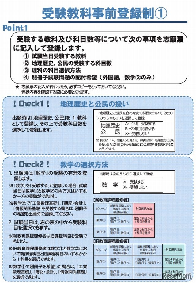 受験教科事前登録制