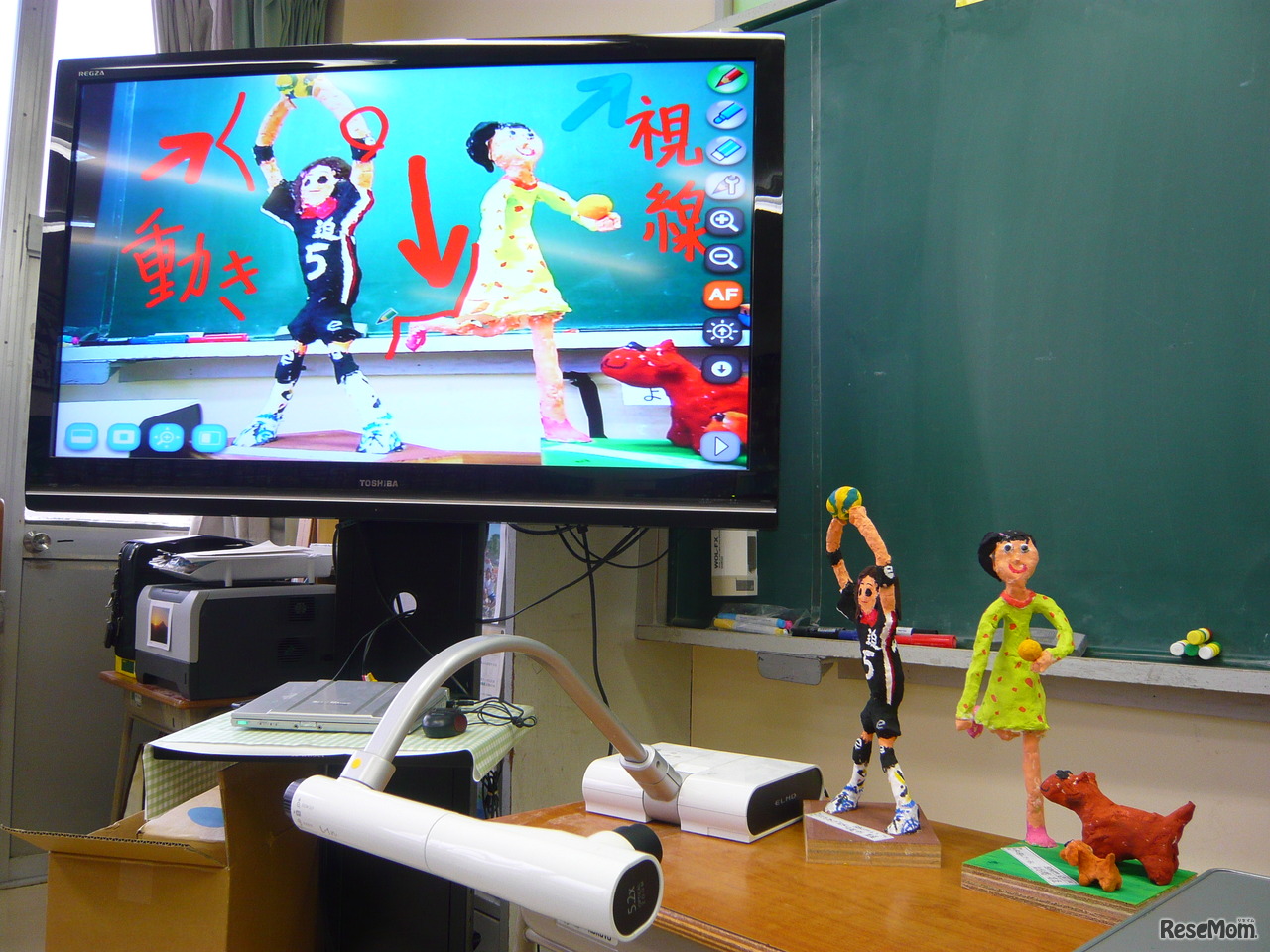 「みエルモん」で映した児童の作品に、「かけるもん」で注意点をかき込みしている様子