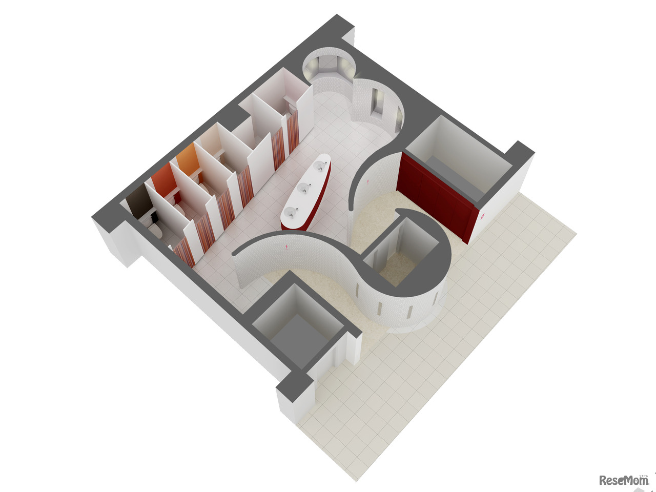 丸みを帯びたデザインが印象的な新装女子トイレ（2号館2F完成予想図）