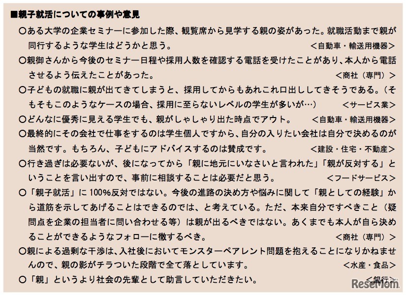親子就活についての事例や意見