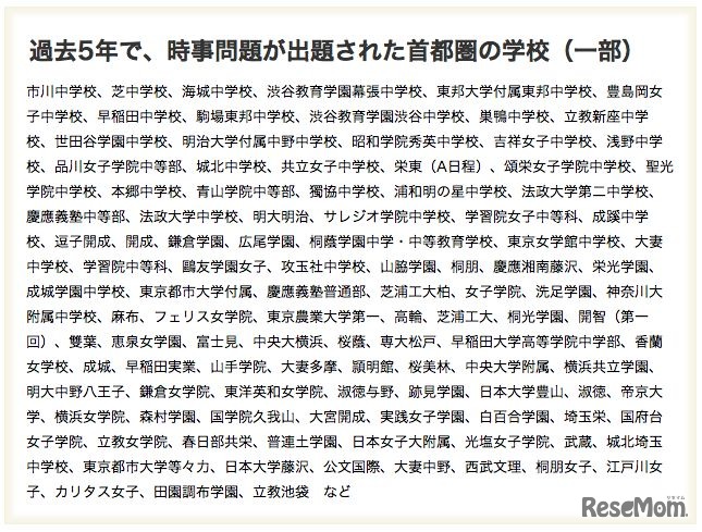過去5年間で、時事問題が出題された首都圏の学校（一部）