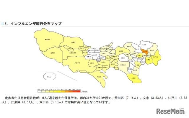 東京都のインフルエンザ流行分布マップ