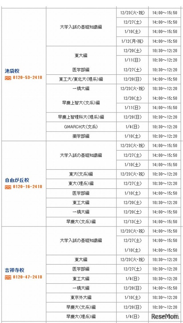 実施内容と日時（池袋校、自由が丘校、吉祥寺校）