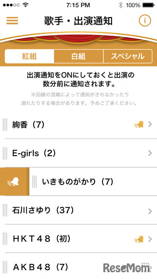 歌手・出演通知機能