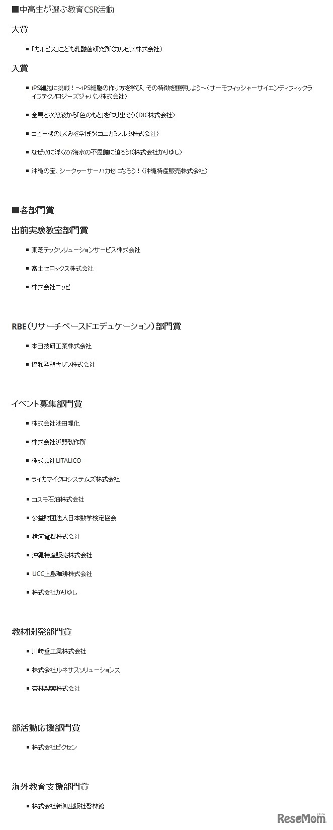 中高生が選ぶ教育CSR活動