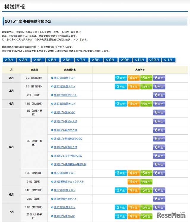 2015年度各種模試年間予定（2月～7月）
