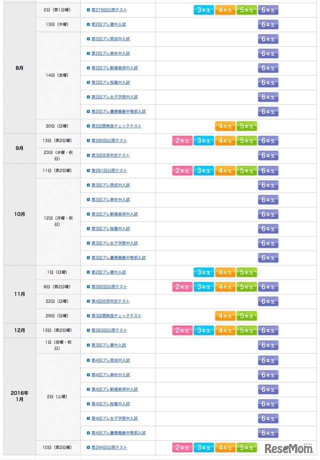 2015年度各種模試年間予定（8月～1月）