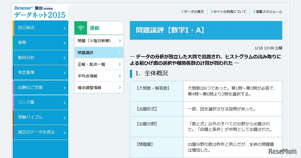 数1の問題講評「数学I・数学A」（画面の一部）