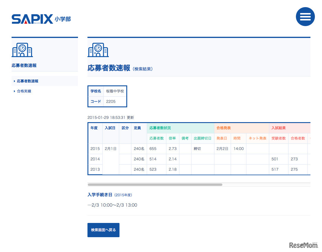 桜蔭の応募者数速報