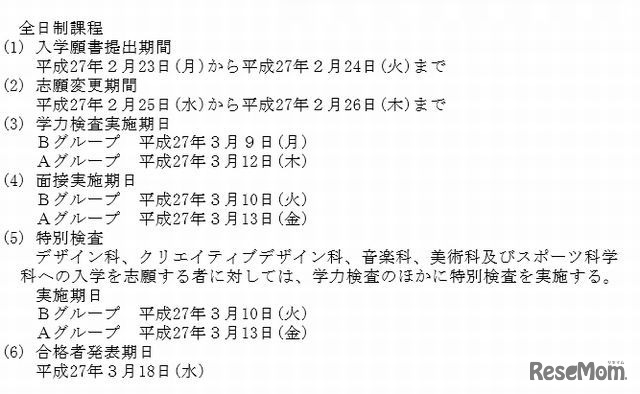 全日制の入試日程