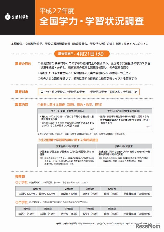 平成27年度全国学力テストのリーフレット