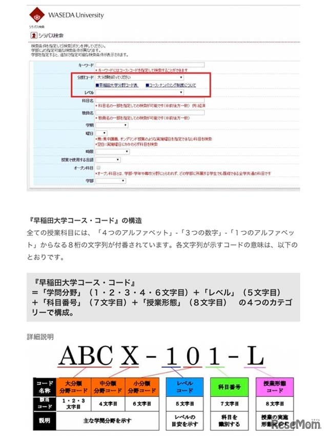 「早稲田大学コース・コード」の構造