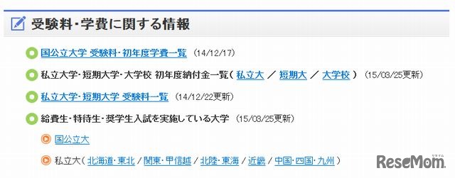 受験料・学費に関する情報