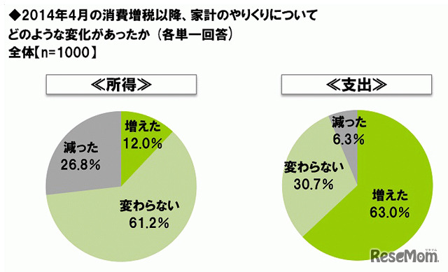 2014年4月の消費増税以降、家計のやりくりについてどのような変化があったか（各単一回答）