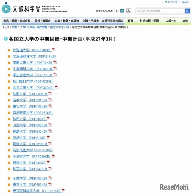 各国立大学の中期目標・中期計画