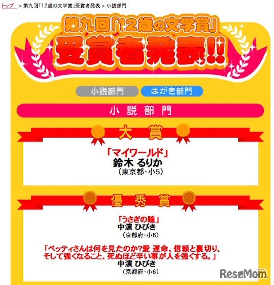 小説部門　大賞、優秀賞