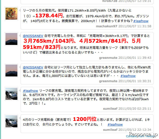 日産の公式twitterに寄せられたリーフユーザーの電気料金の情報