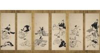 伊藤若冲　三十六歌仙図屏風（右隻）　寛政8年（1796）　岡田美術館蔵