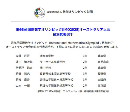 第66回国際数学オリンピック日本代表、中高生6人が決定 2枚目の写真