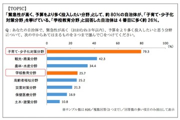 自治体の8割、より予算を投入したい分野に「子育て・少子化対策」 画像