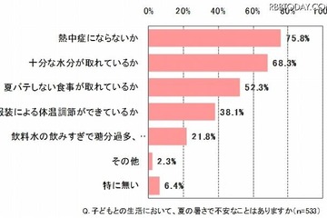 母親の心配1位は「熱中症」、対策は95％が「水分補給」 画像