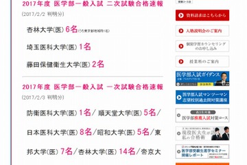 【大学受験2017】医学部合格者速報、メディックTOMASとメディカルラボが公開 画像