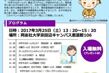 【春休み2017】女子中高生向け「ガールズサイエンスカフェ」同志社大3/25 画像