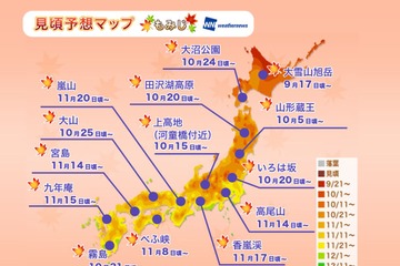 2017年の紅葉、東北から九州の見頃は平年並み…日光いろは坂10/20・京都嵐山11/20ごろ 画像