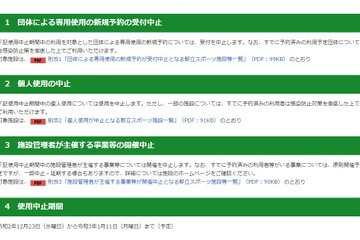 東京都、スポーツ施設を1/11まで一部利用中止 画像