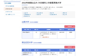 【大学受験2022】国立大の欠員補充2次募集、山梨大学等9校 画像
