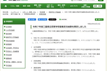 【高校受験2025】三重県立高、募集定員1万5,712人…前年より200人減 画像